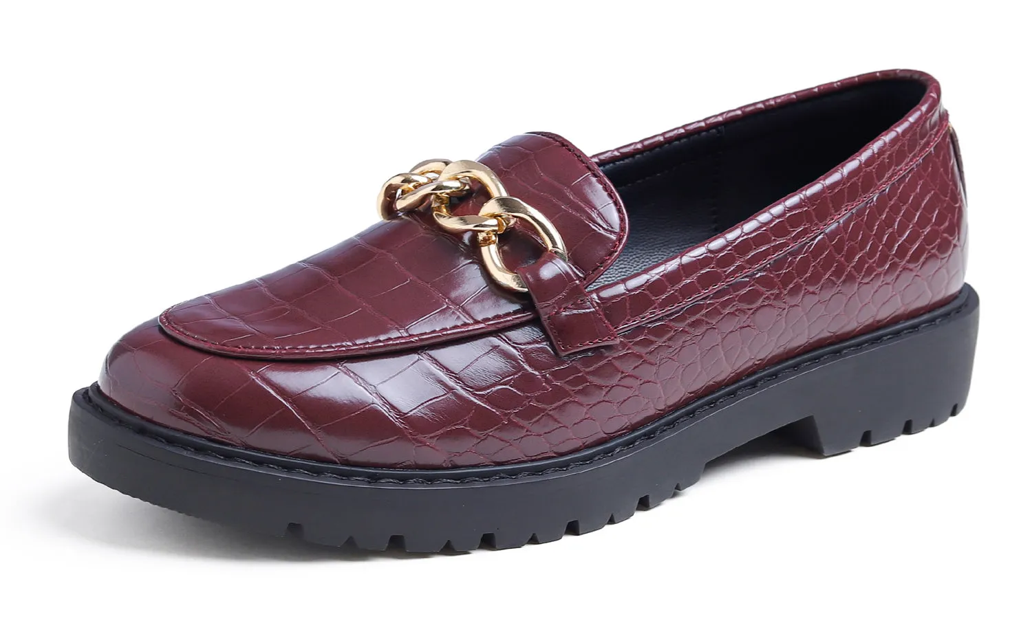 Feversole Women's Fashion Trim Deco Loafer Flats Burgundy Croc Vegan Leather Chain Platform