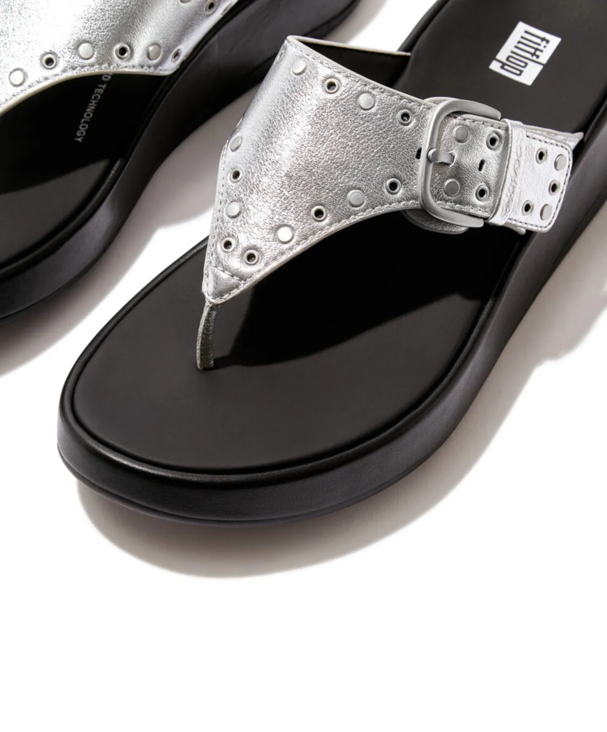 Fitflop F-Mode Buckle Stud M/Leather Flatform Toe Post Silver