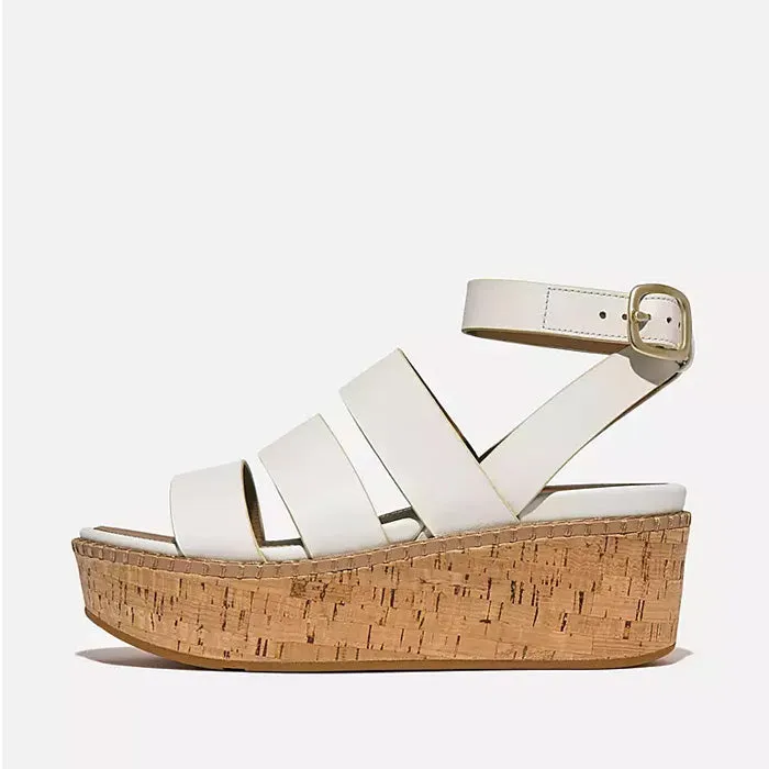 Fitflop Women Eloise Leather Cork Strappy Wedge Sandals |HS7-194| Urban White