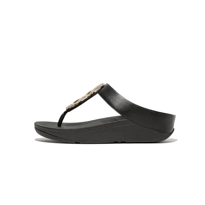 Fitflop Women Fino Crystal-Chain Leather Toe-Post Sandals |HX2-001| Black