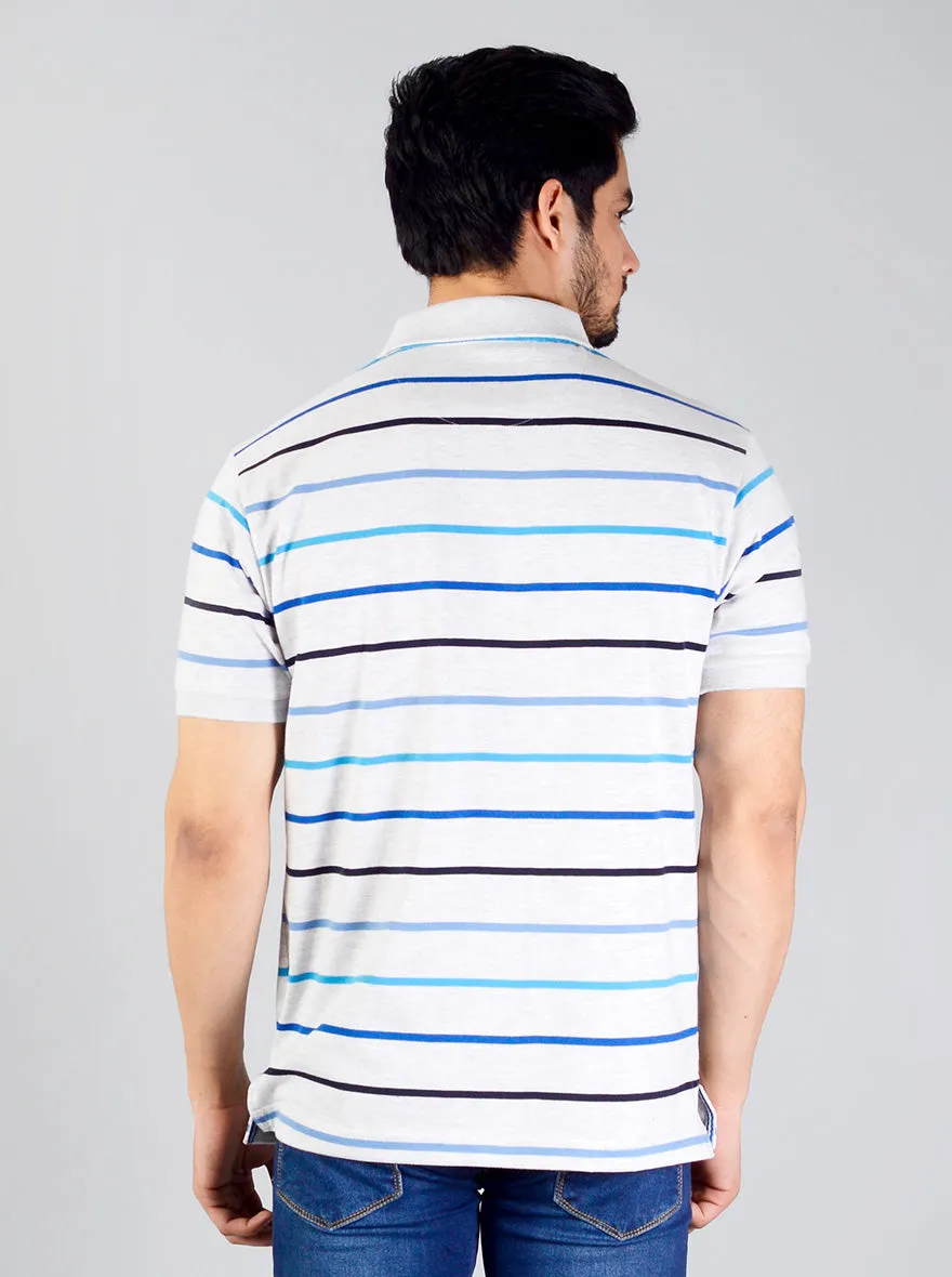 Glacier Grey Striped Slim Fit Polo T-shirt | Greenfibre