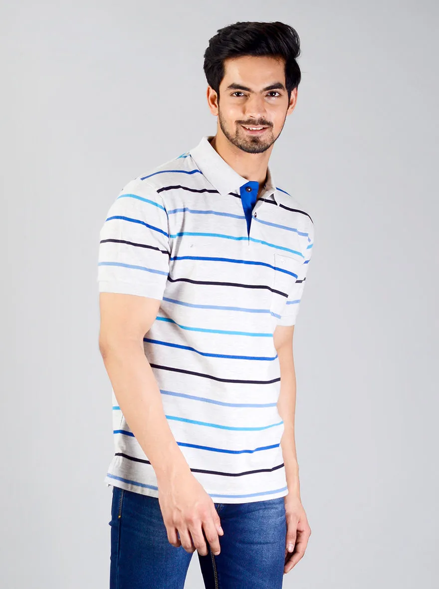 Glacier Grey Striped Slim Fit Polo T-shirt | Greenfibre