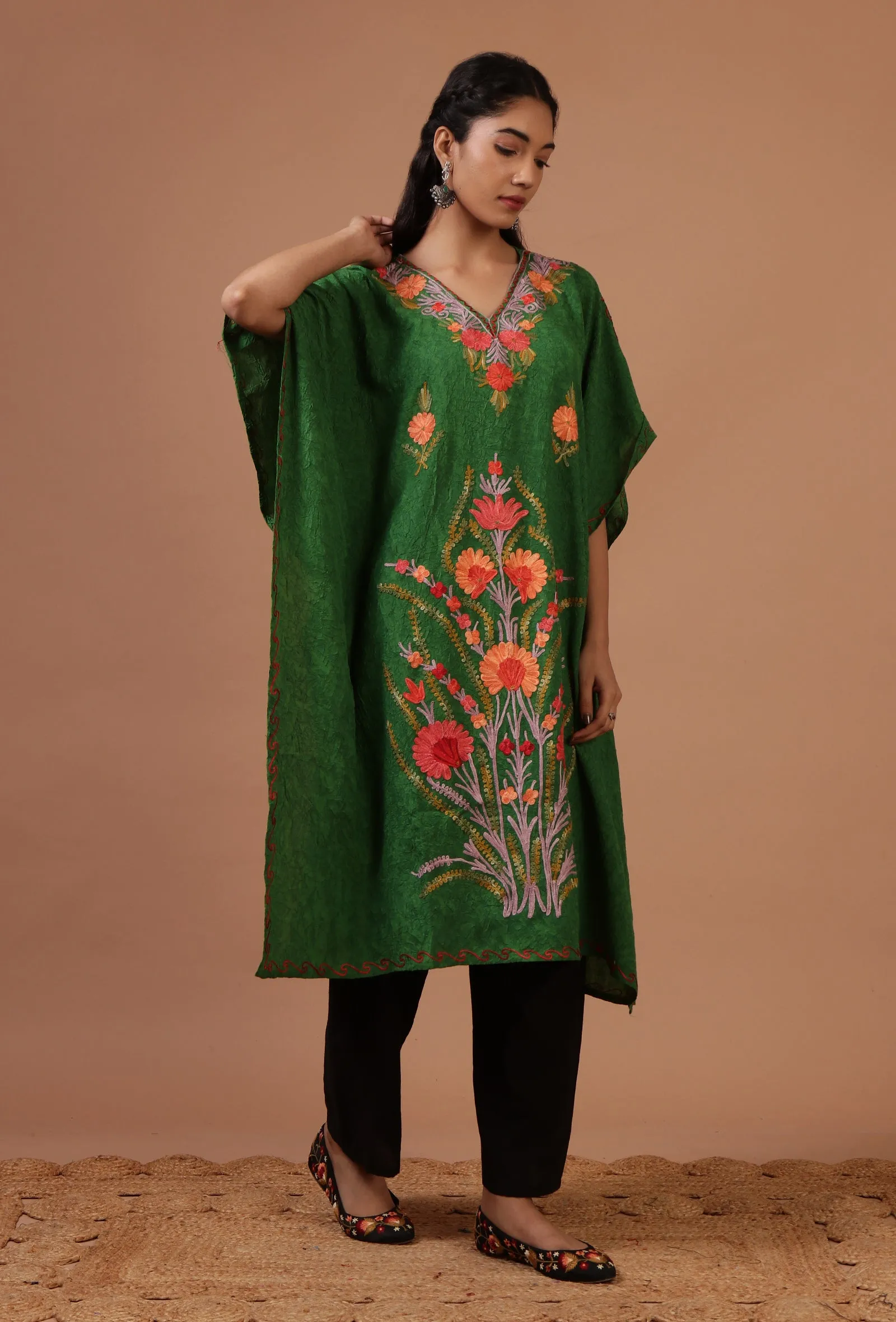 Green Cotton Crush Ari Embroidered Kaftan- Free Size