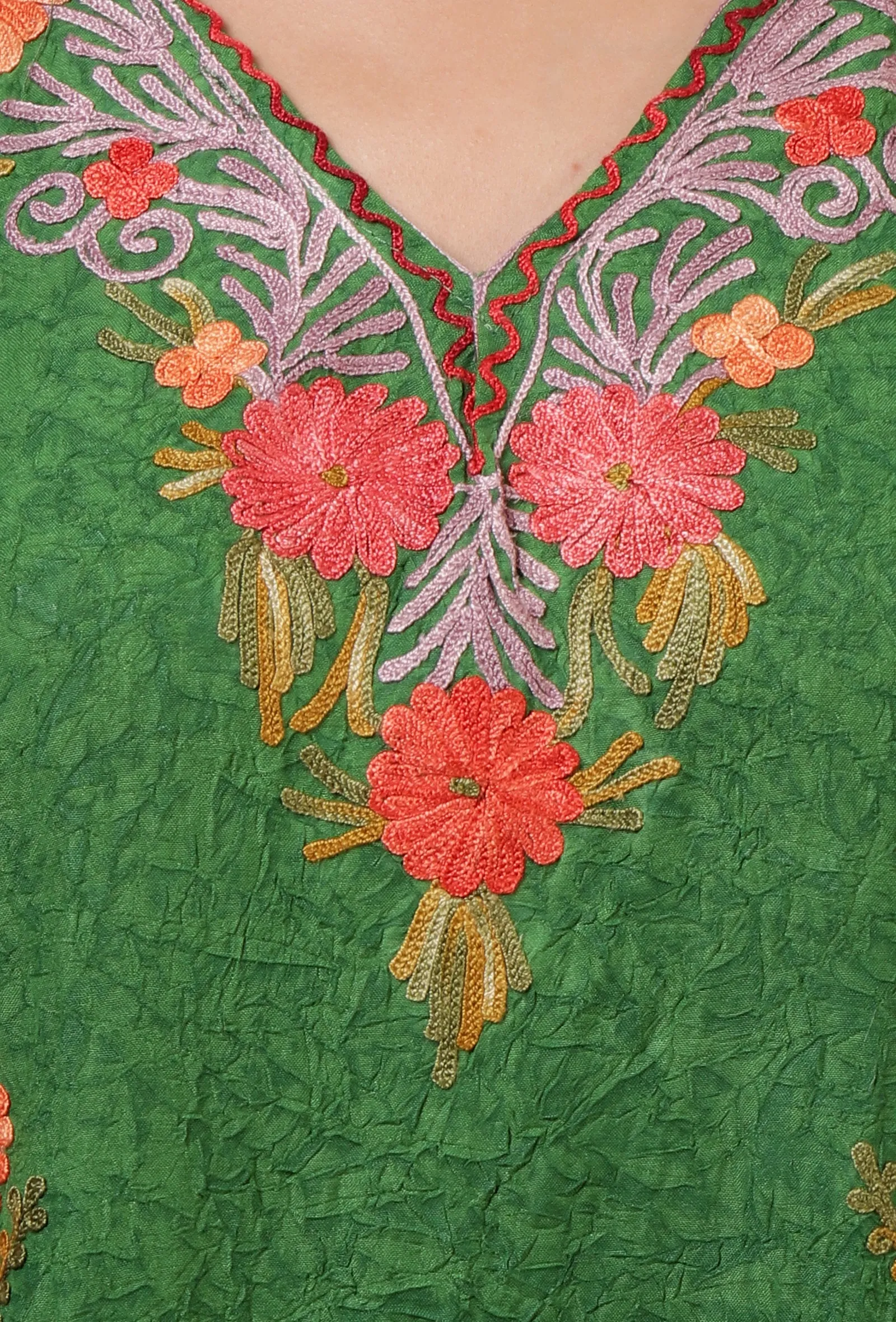 Green Cotton Crush Ari Embroidered Kaftan- Free Size