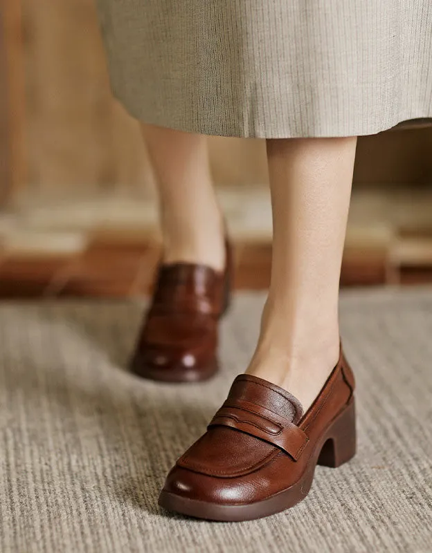 Handmade Retro Leather Chunky Heels Loafers for Women