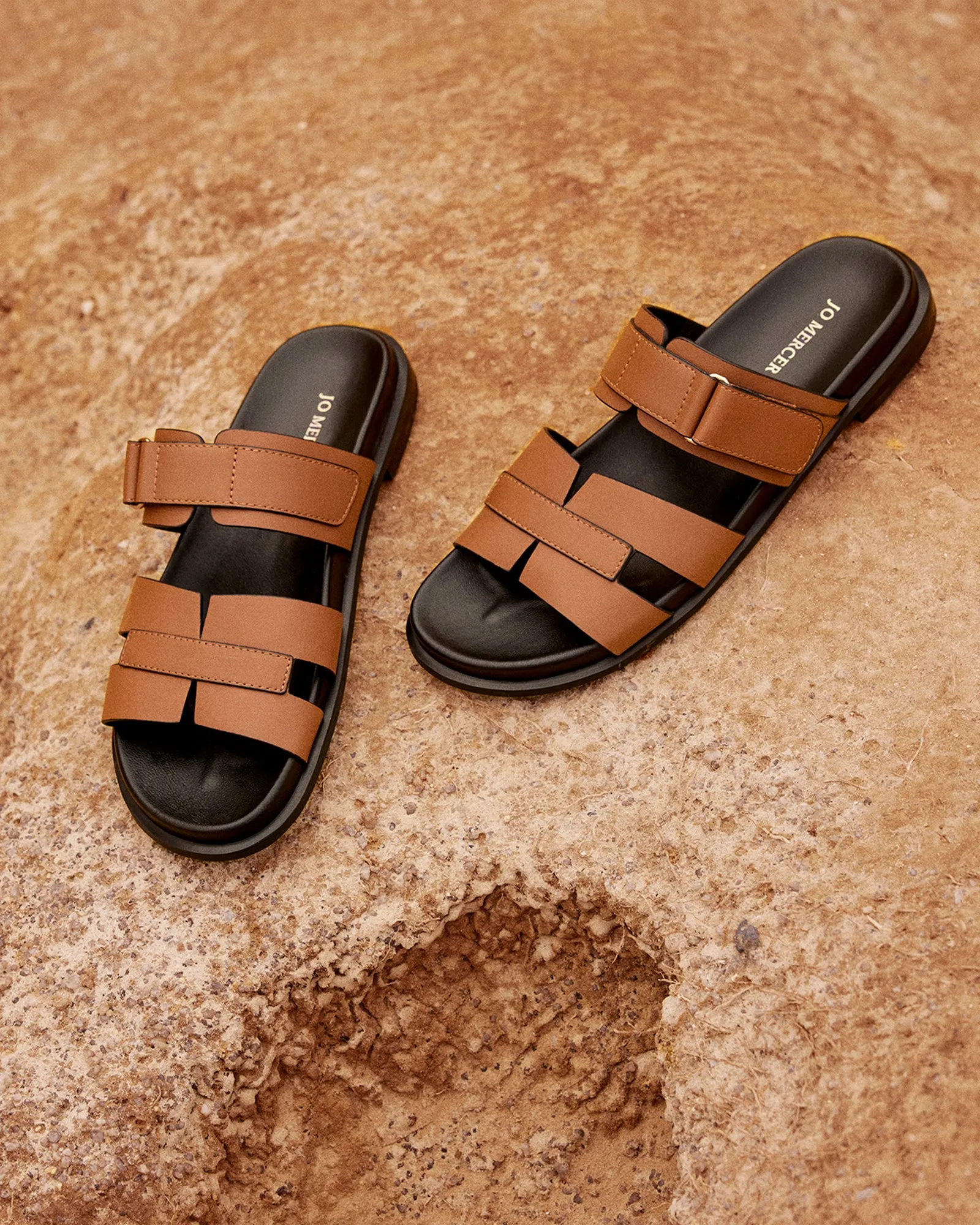 HENDRIX FLAT SLIDES DARK TAN LEATHER