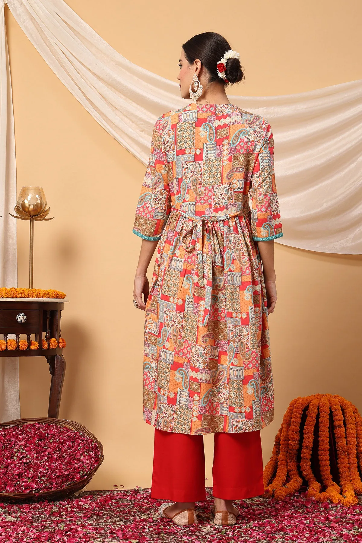 Joyous Orange paisley patchwork Printed Maternity Feeding Suit Set