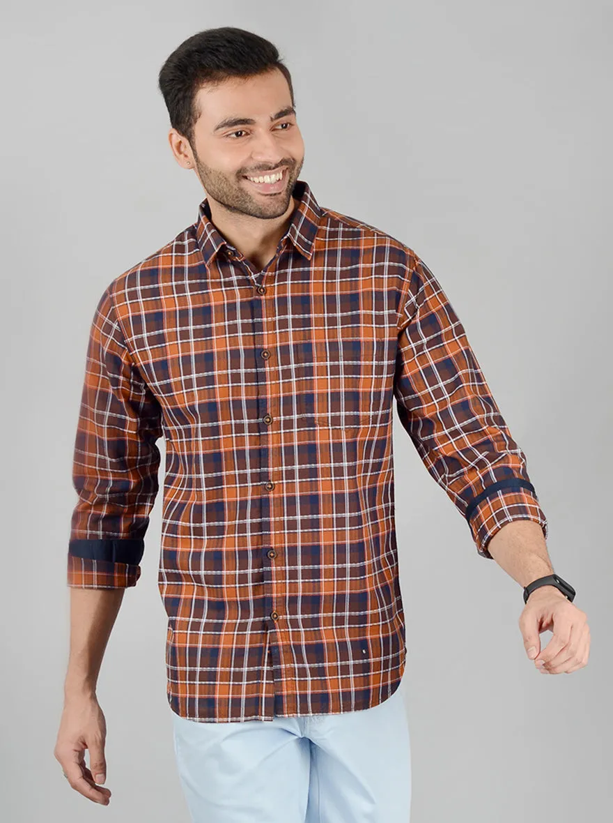 Leather Brown Checked Slim Fit Casual Shirt | Greenfibre