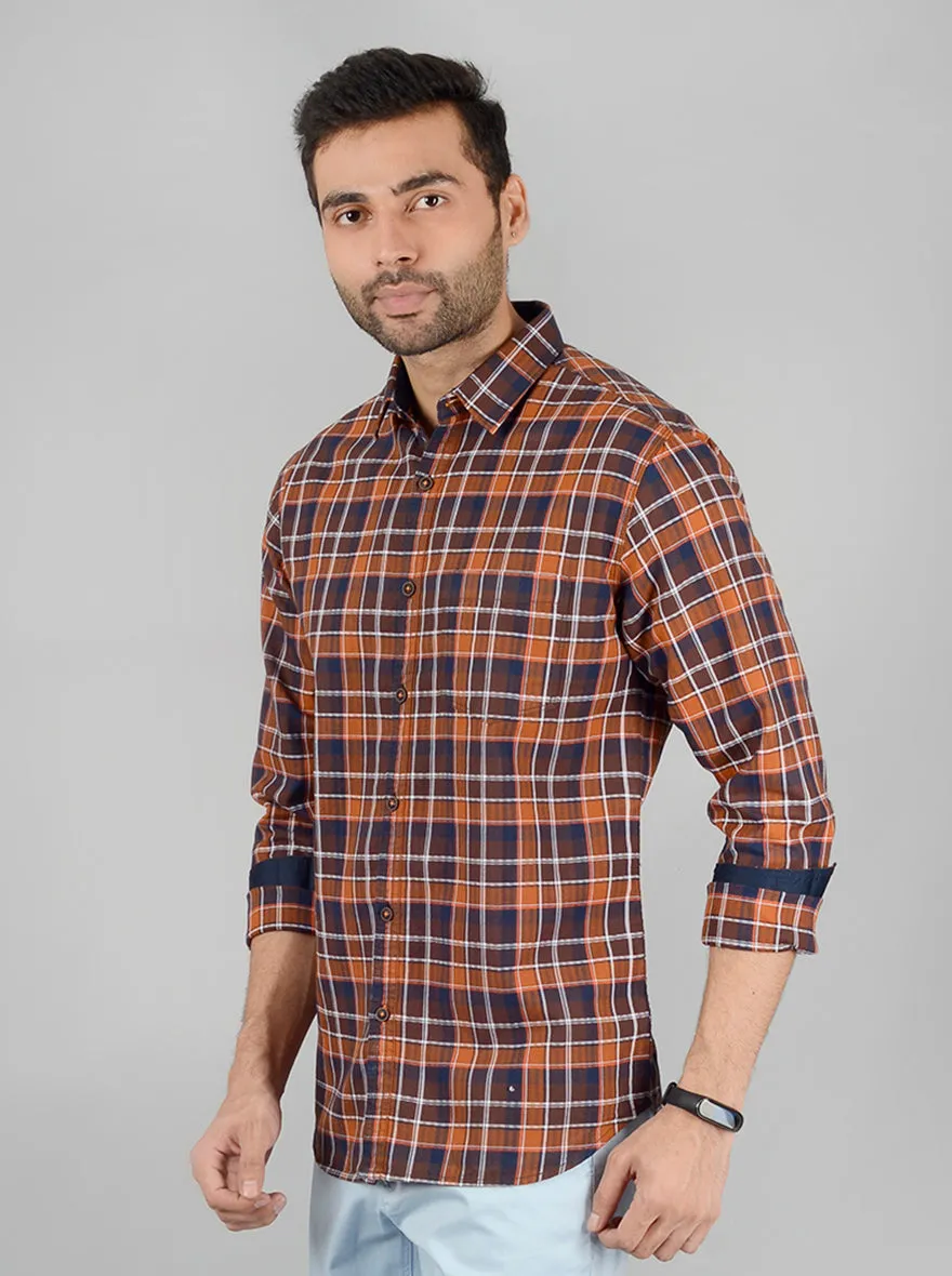 Leather Brown Checked Slim Fit Casual Shirt | Greenfibre