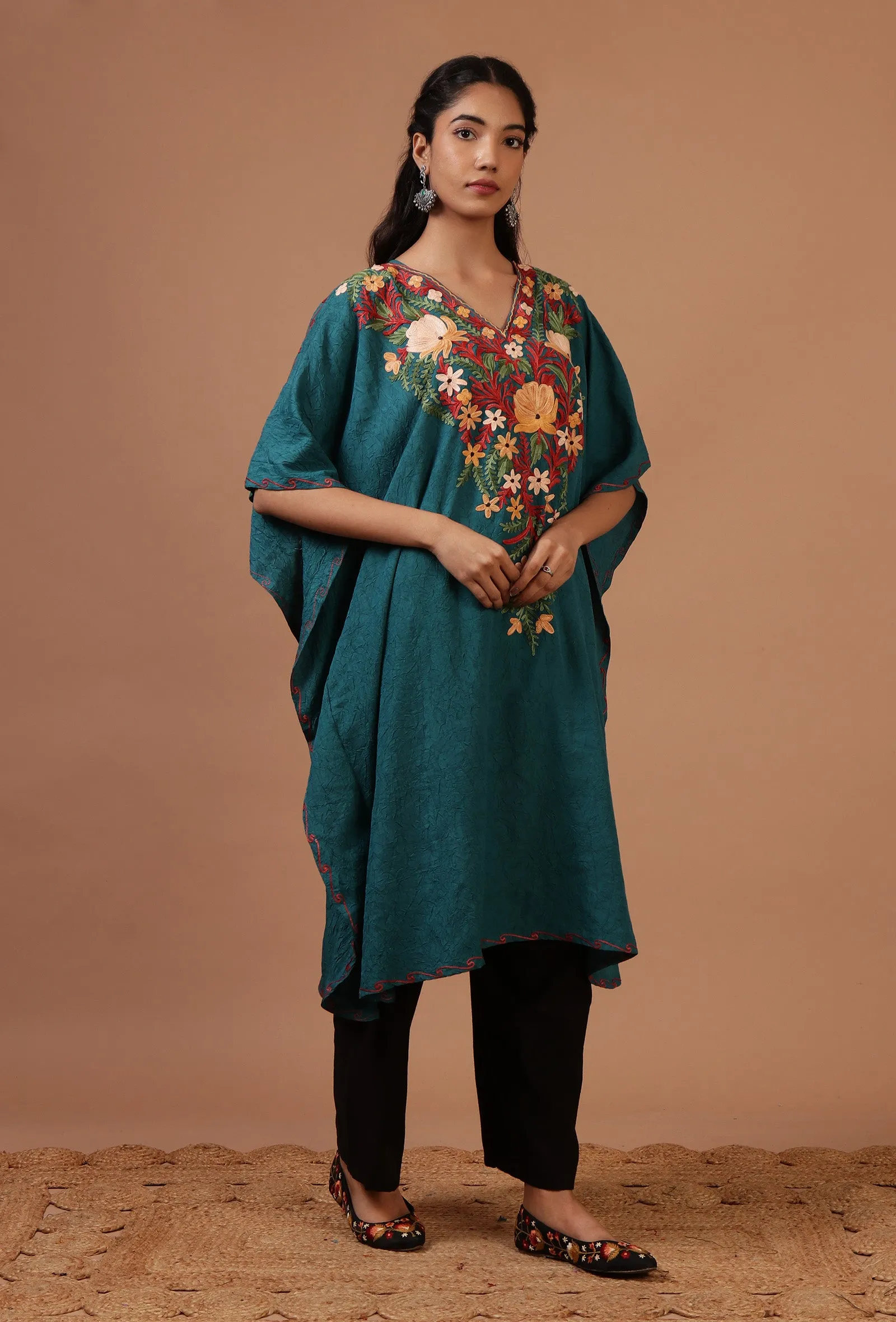 Light Navy Blue Cotton Crush Ari Embroidered Kaftan- Free Size