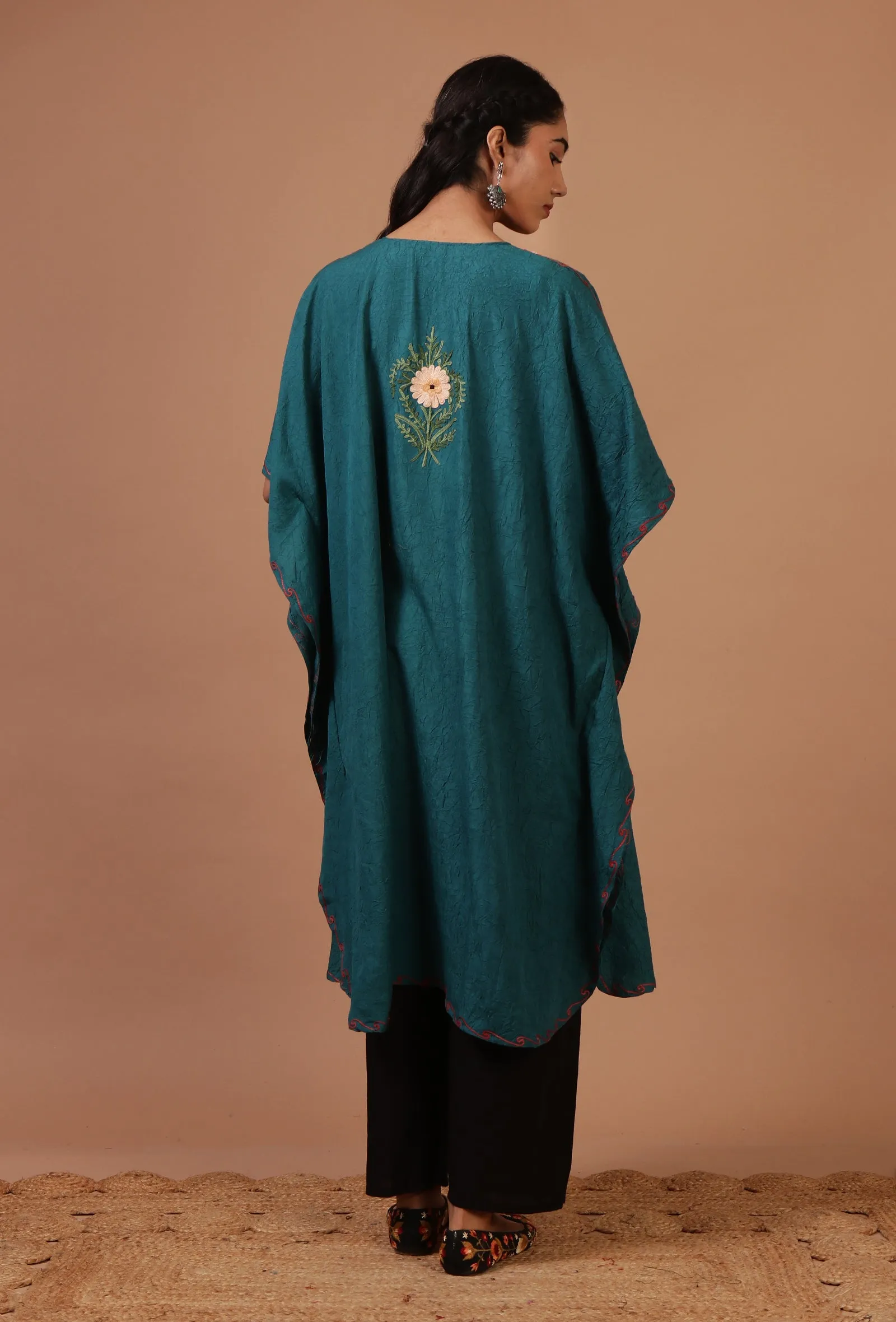 Light Navy Blue Cotton Crush Ari Embroidered Kaftan- Free Size