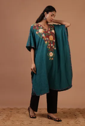 Light Navy Blue Cotton Crush Ari Embroidered Kaftan- Free Size