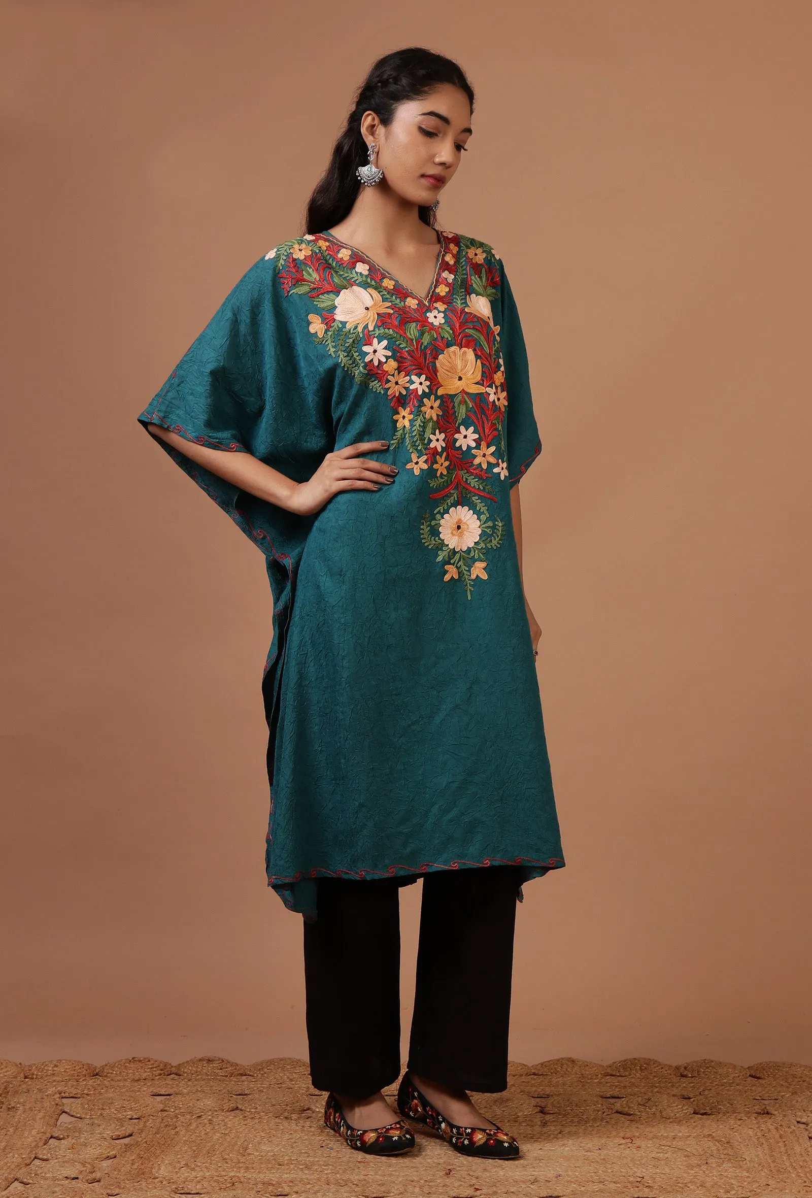 Light Navy Blue Cotton Crush Ari Embroidered Kaftan- Free Size