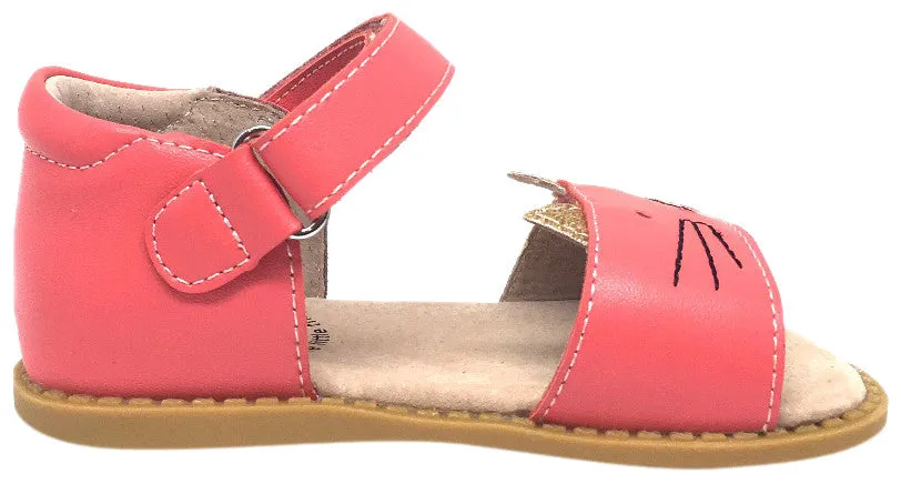 Livie & Luca Girl's Tabby Cat Coral Leather and Sparkle Hook and Loop Open Toe Sandal