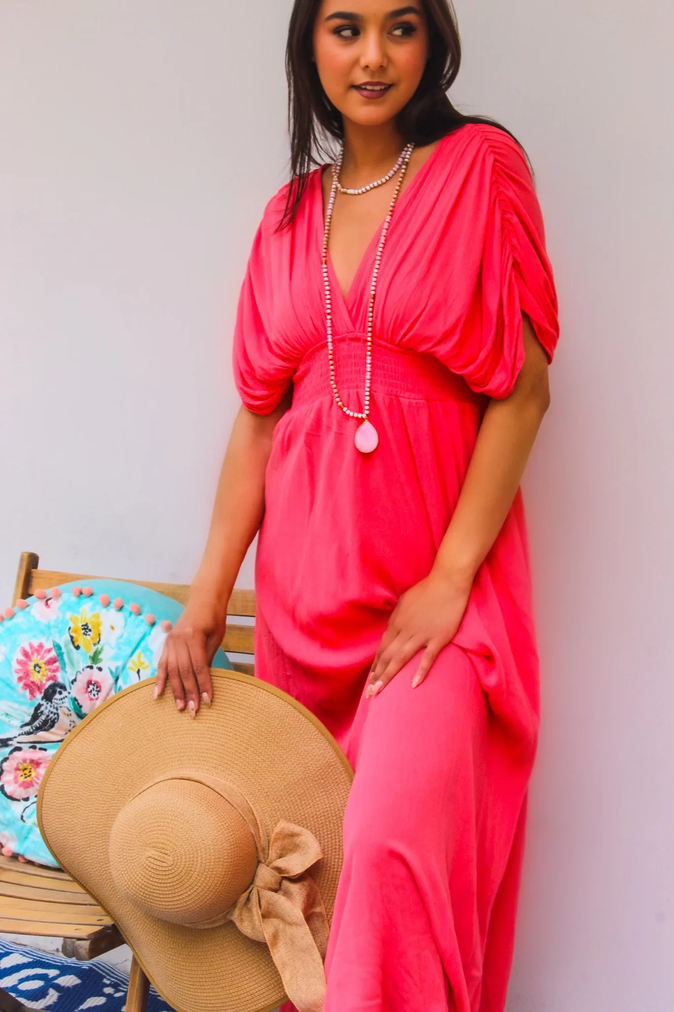 Love in the Air V-Neck Draped Sleeve Maxi Dress - Coral