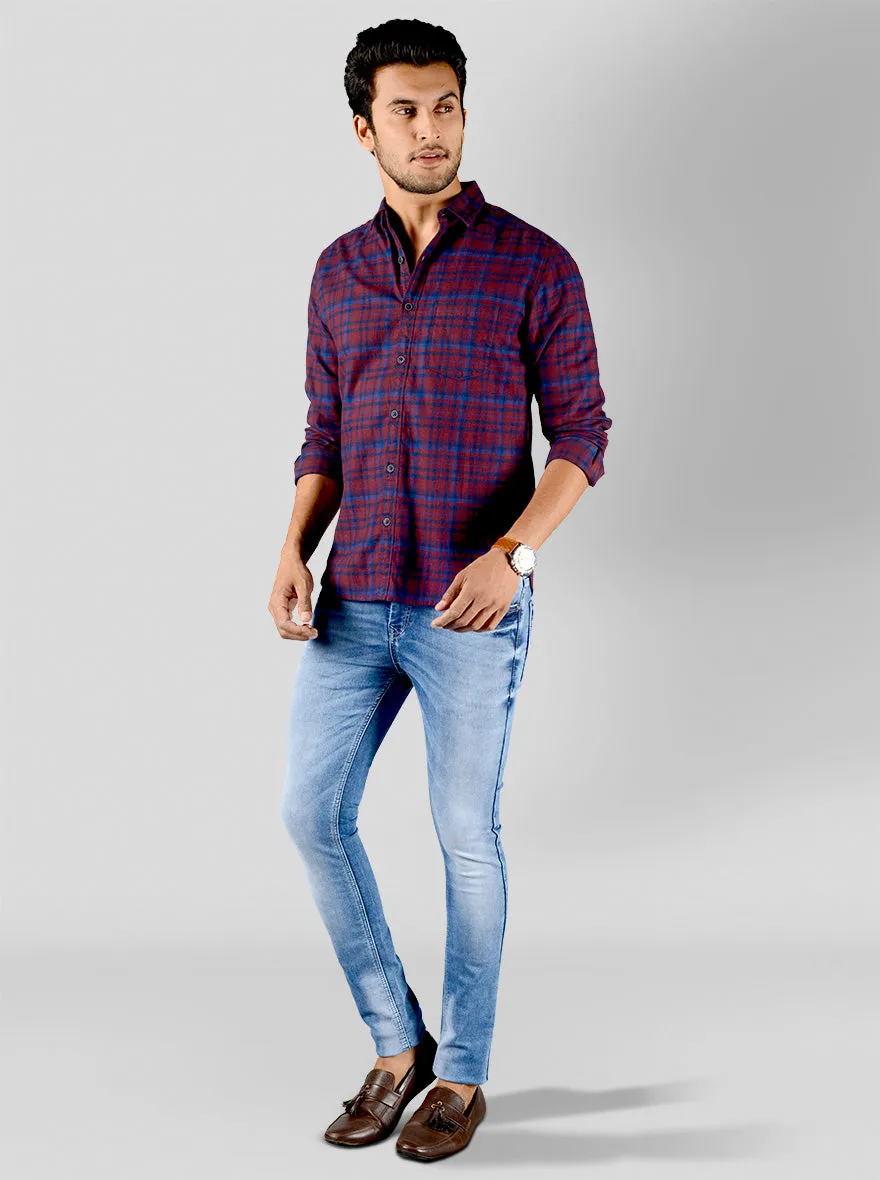 Maroon & Blue Checked Slim Fit Casual Shirt | Greenfibre