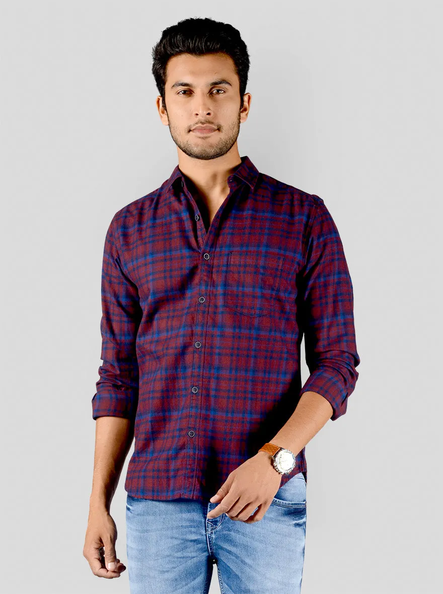 Maroon & Blue Checked Slim Fit Casual Shirt | Greenfibre