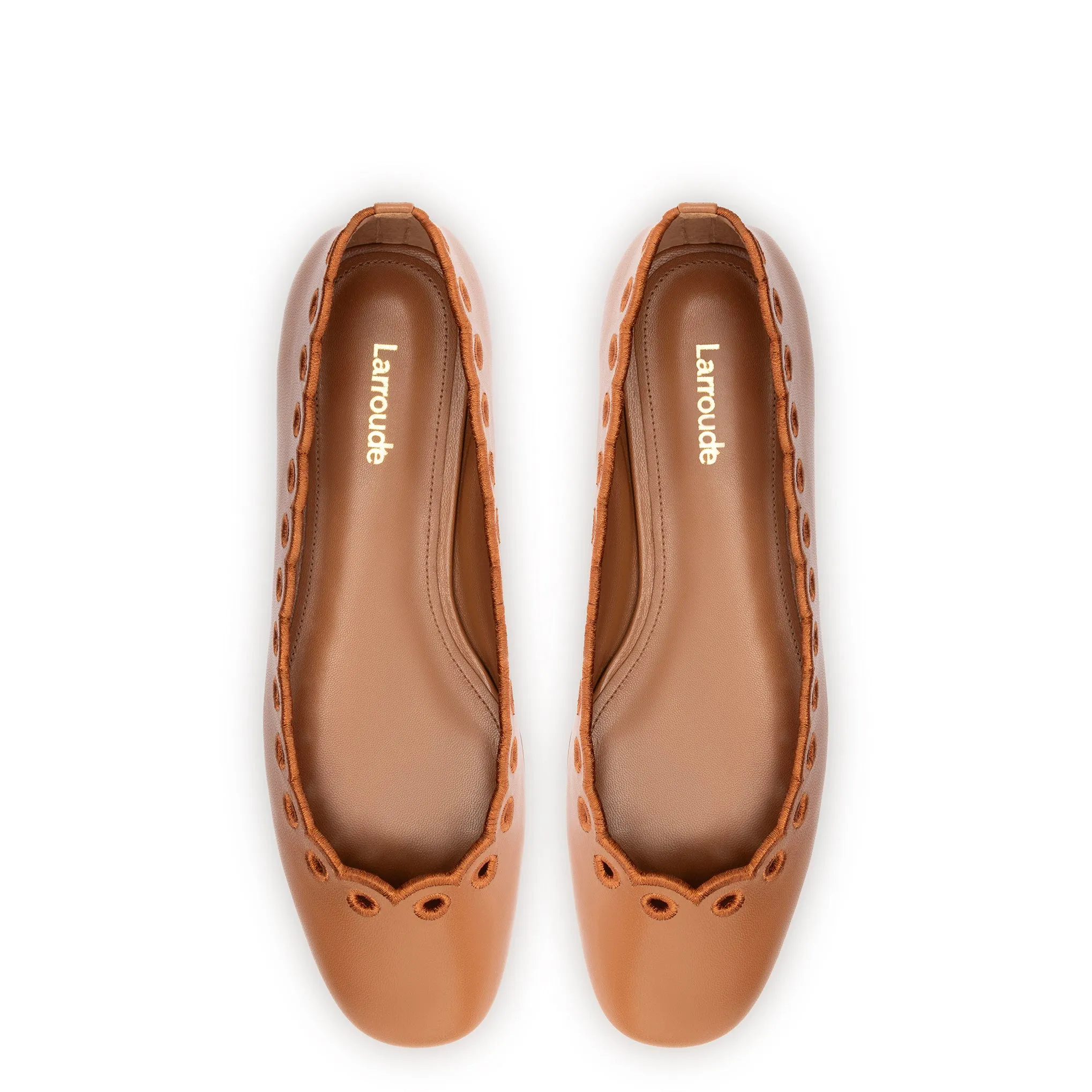 Meghan Broderie Flat In Caramel Leather