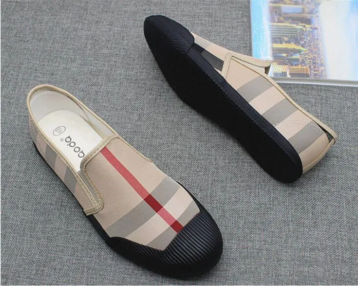 Men Canvas Leather Loafers Shoes Khaki Red Stripe