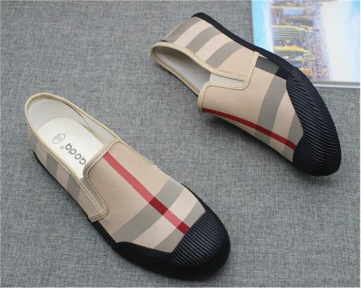 Men Canvas Leather Loafers Shoes Khaki Red Stripe