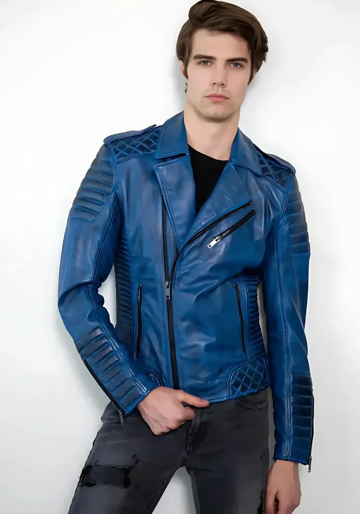 Men Classic Biker Motorcycle Cafe Racer Sheep Leather Jacket