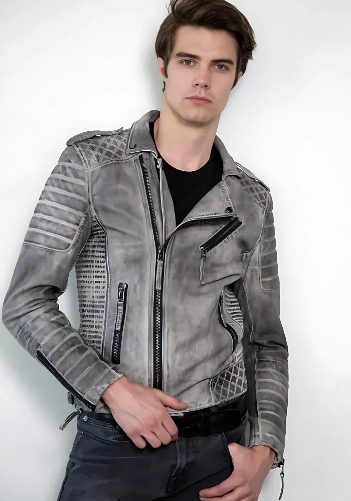 Men Classic Biker Motorcycle Cafe Racer Sheep Leather Jacket