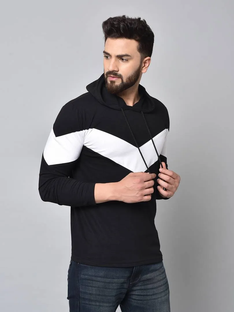 Men's Black Colourblocked Cotton Hooded Tees