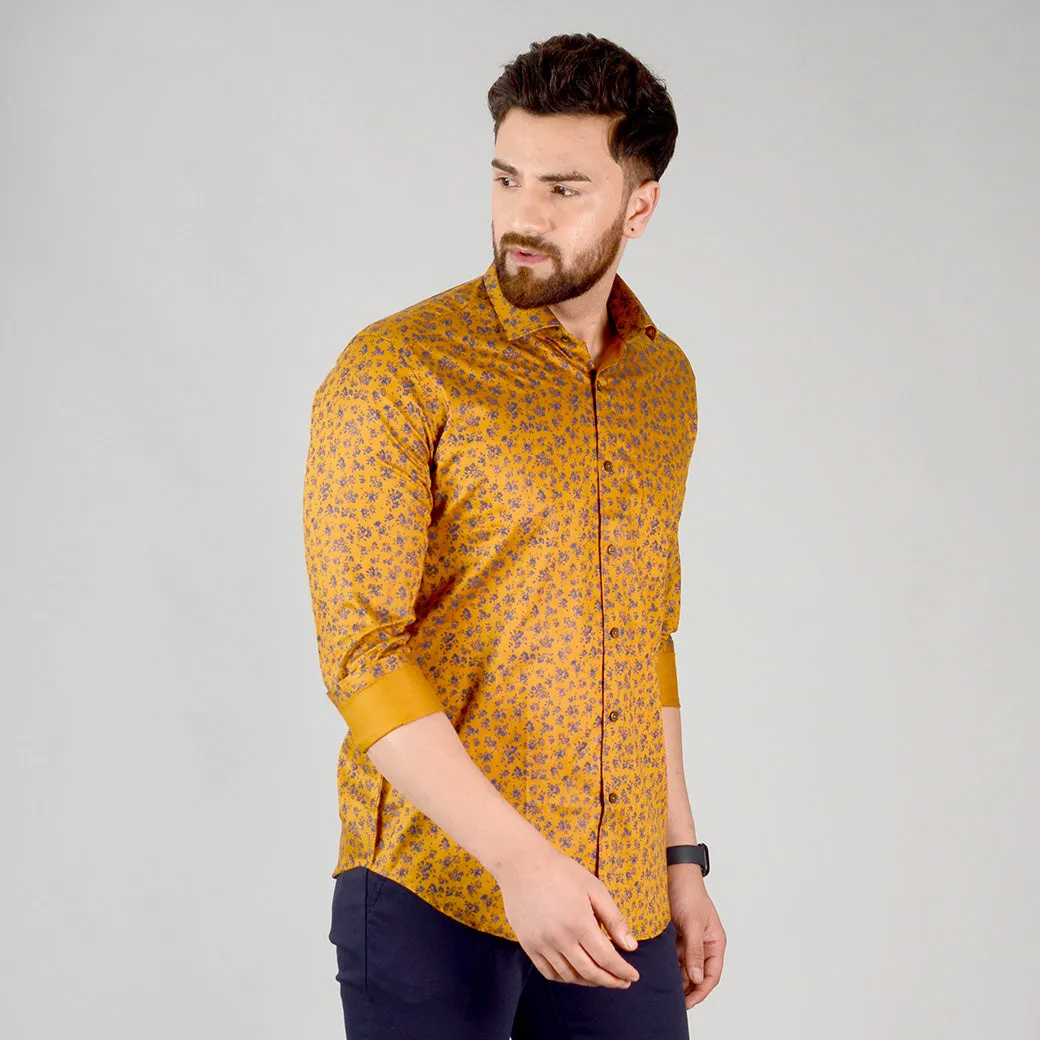 Mustard Yellow & Blue Printed Slim Fit Formal Shirt | JadeBlue