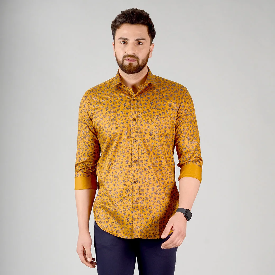 Mustard Yellow & Blue Printed Slim Fit Formal Shirt | JadeBlue