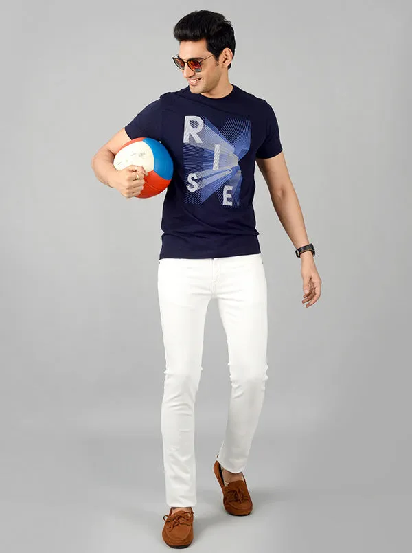 Navy Blue Printed Slim Fit T-shirt | JadeBlue