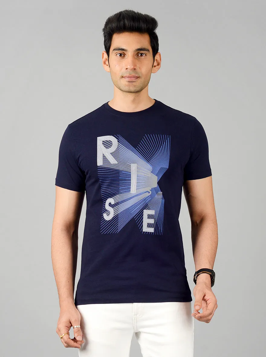 Navy Blue Printed Slim Fit T-shirt | JadeBlue