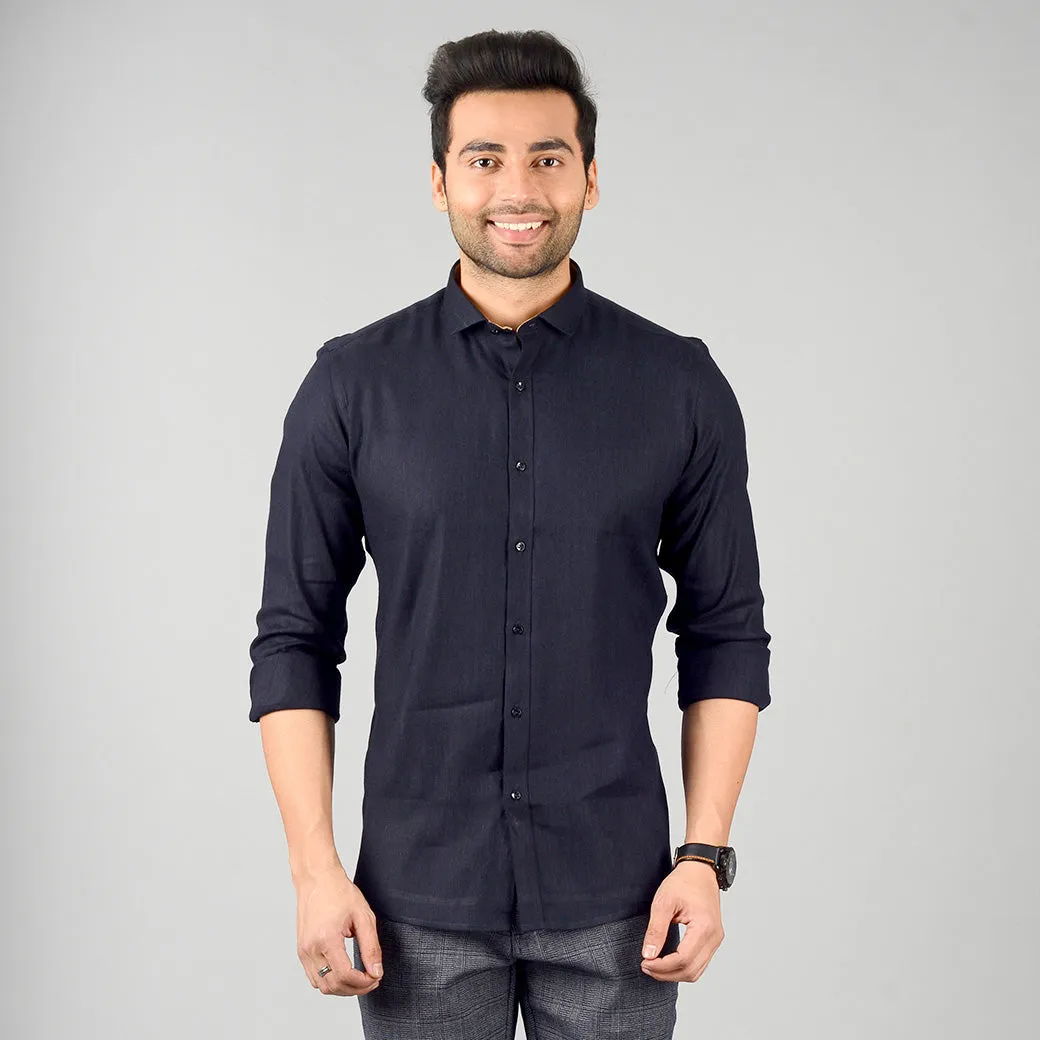 Navy Blue Solid Slim Fit Party Wear Shirt | JB Studio