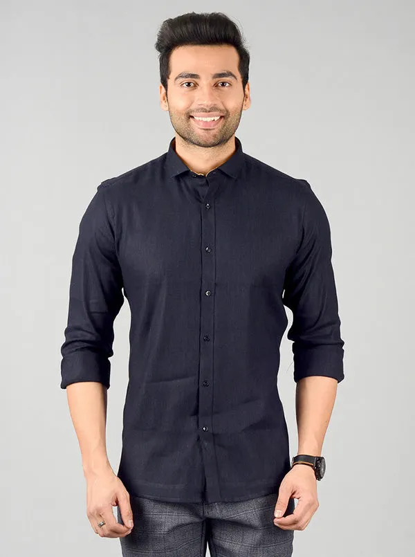 Navy Blue Solid Slim Fit Party Wear Shirt | JB Studio