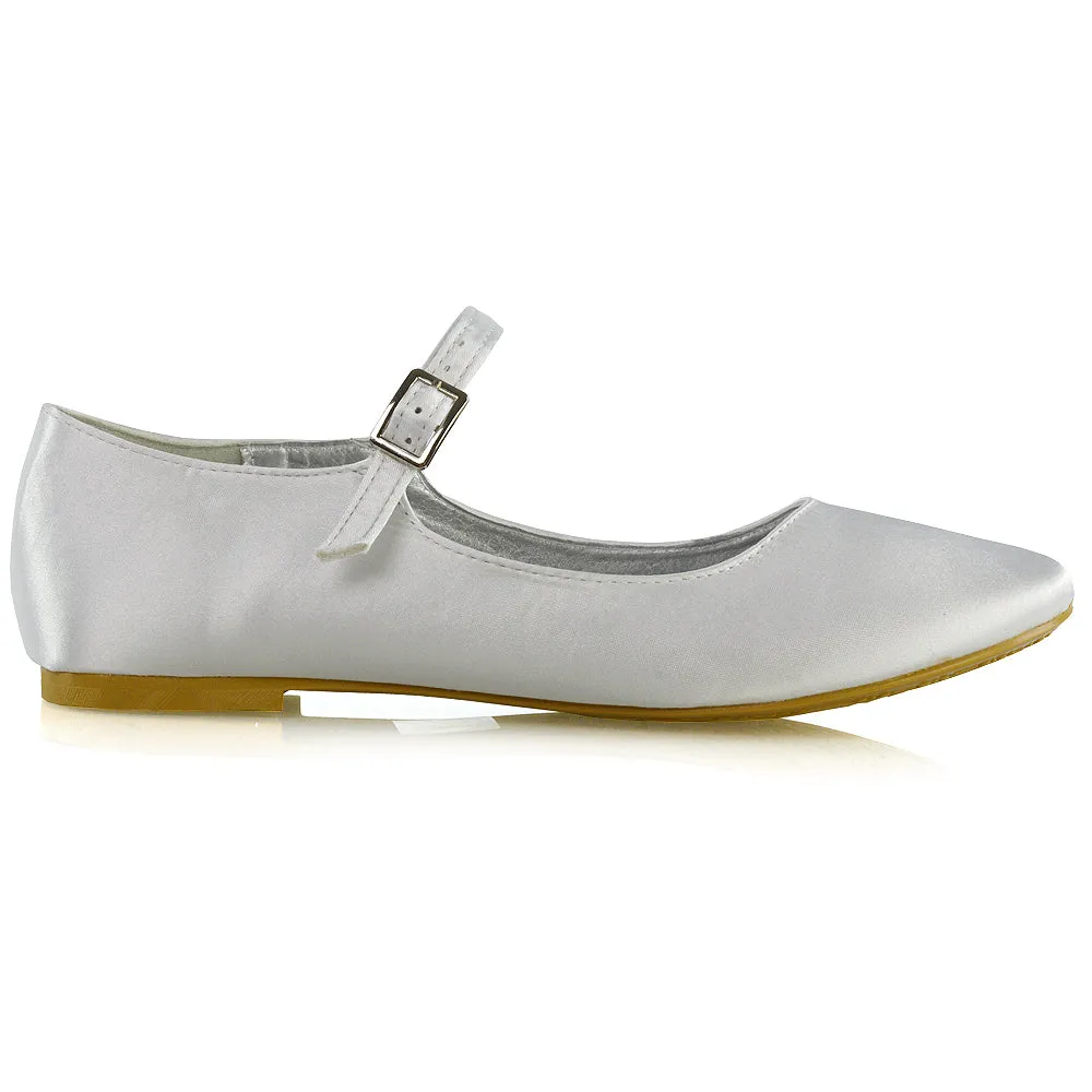 Nellie Ballerina Pump over the Foot Buckle up Strap Wedding Flat Bridal Shoes in Silver Satin