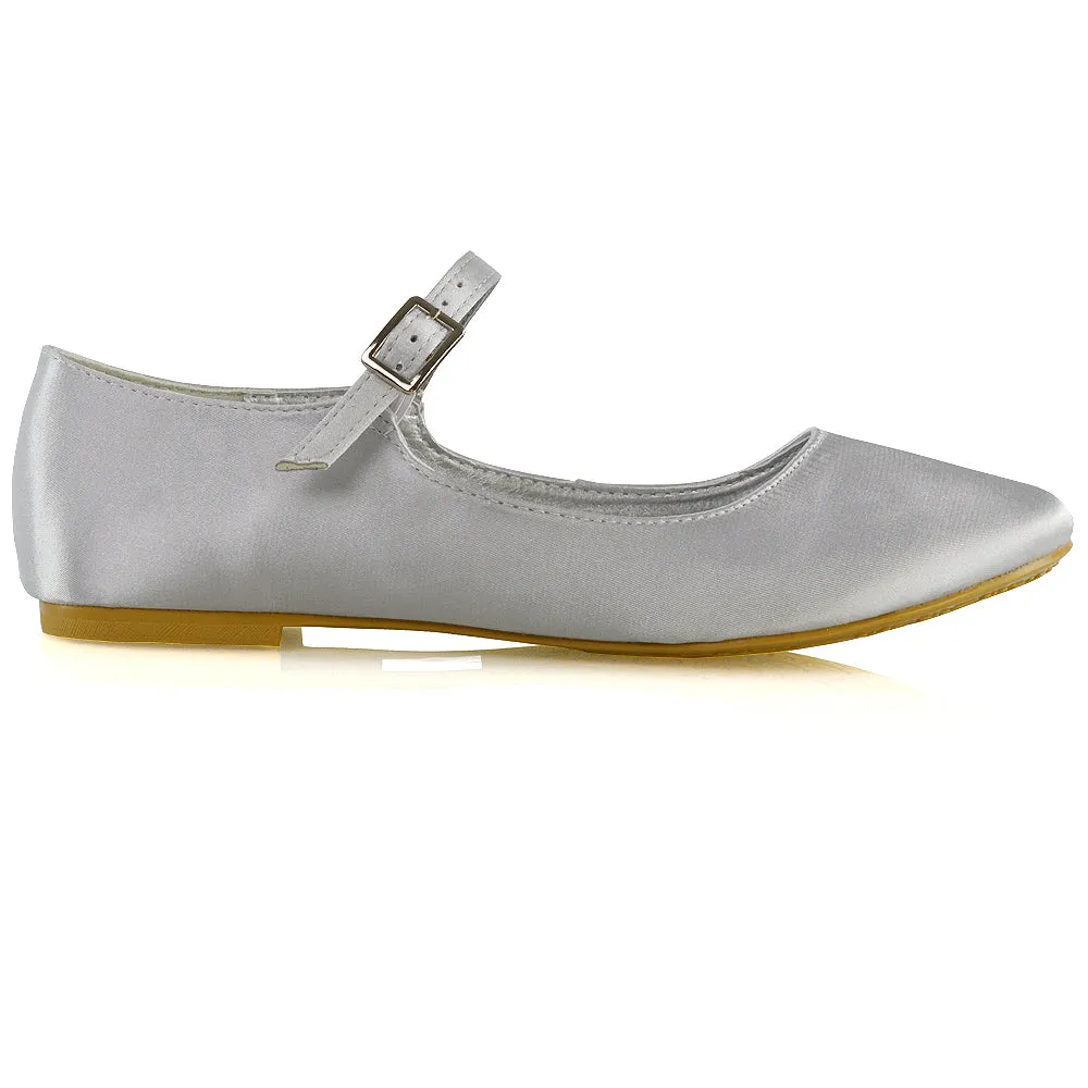 Nellie Ballerina Pump over the Foot Buckle up Strap Wedding Flat Bridal Shoes in Silver Satin