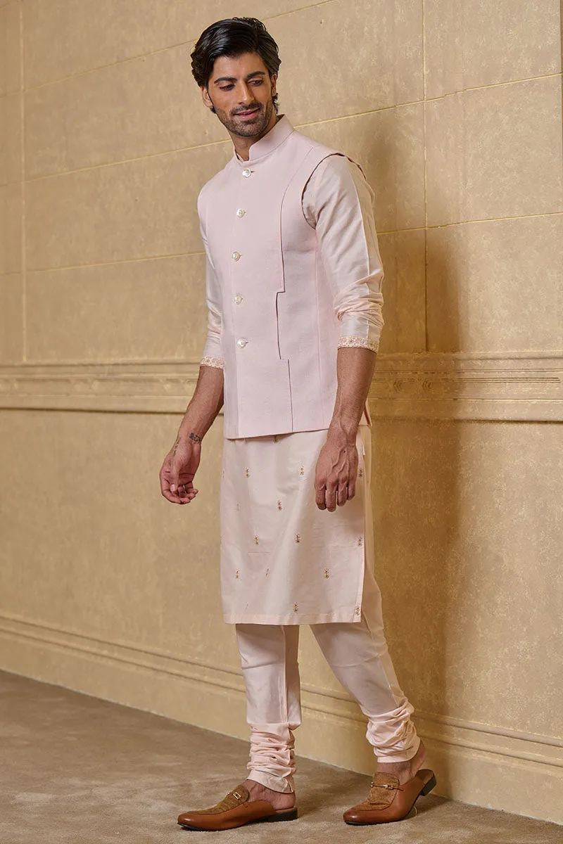 Peach Linen Bundi With Inseam Pocket Detail