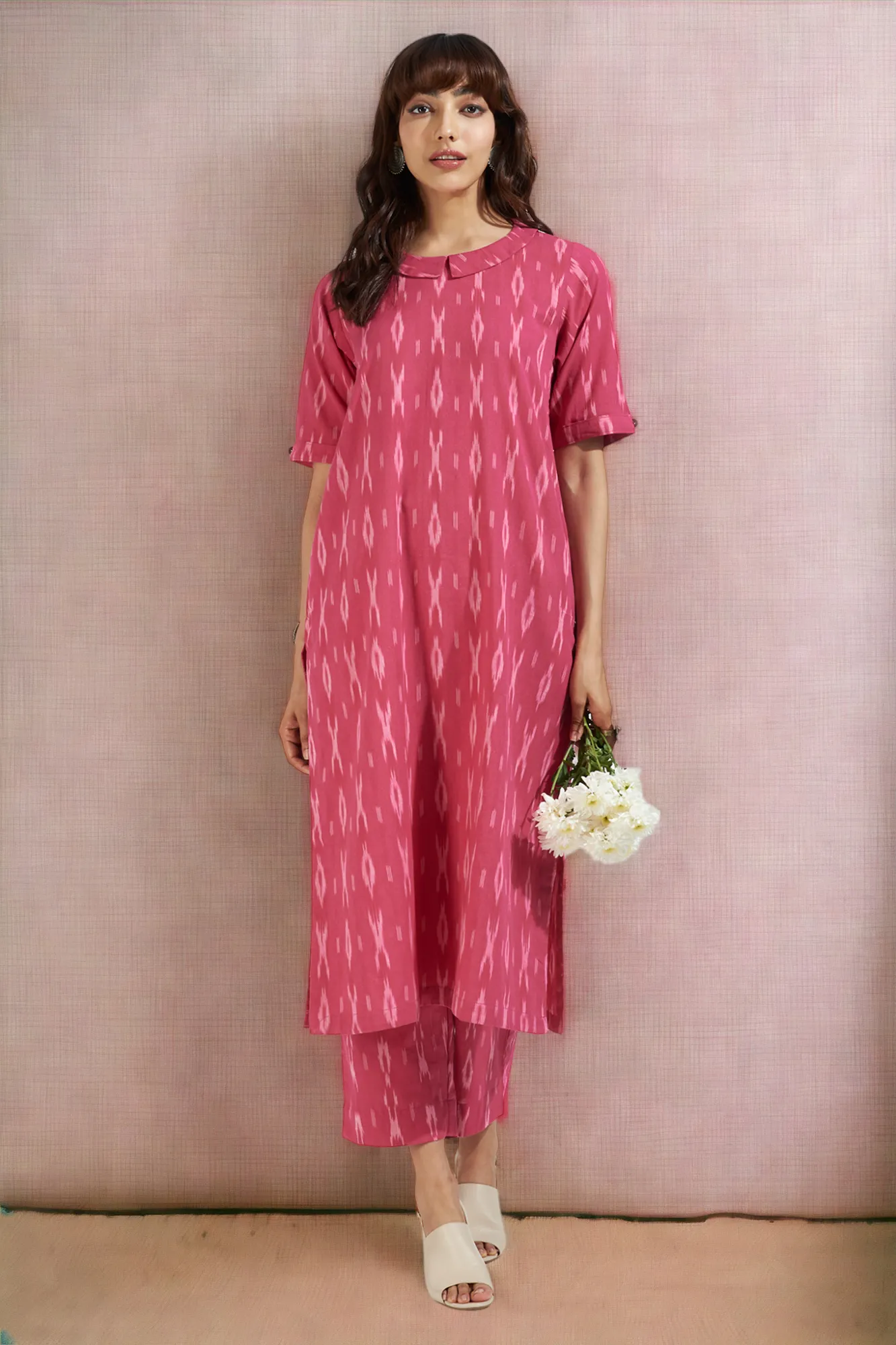 peter pan collar kurta with side & back buttons - berry pink & ivory romance