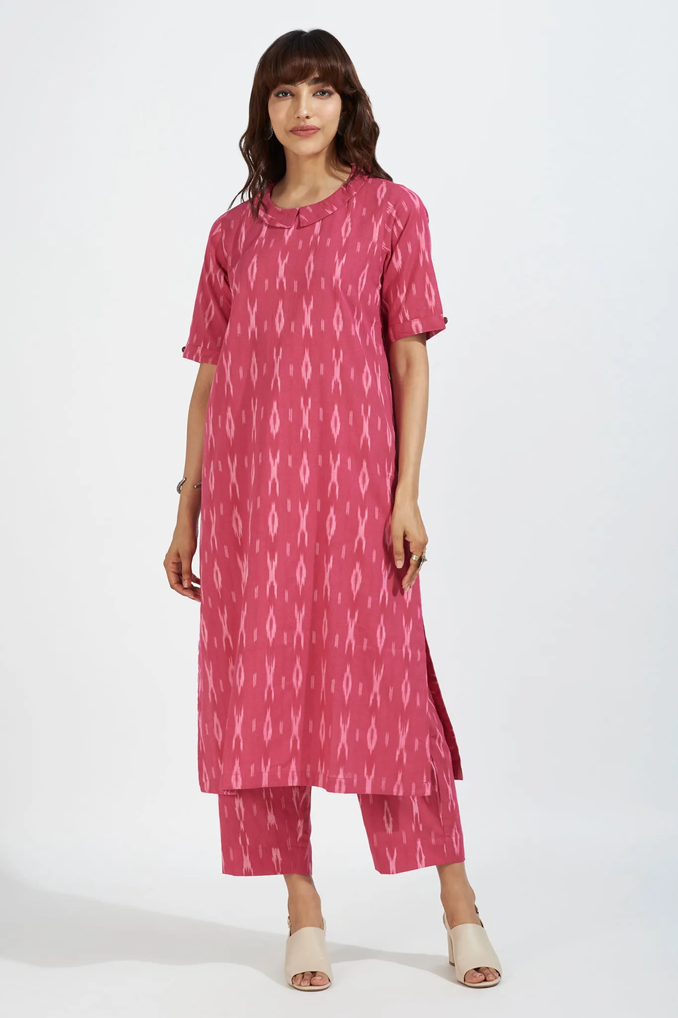 peter pan collar kurta with side & back buttons - berry pink & ivory romance