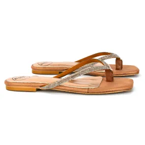 Raina Square Toe Thong Strap Flat Diamante Sandal Slides in Rose Gold Shimmer