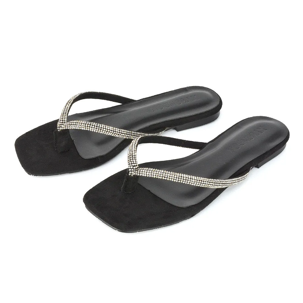 Raina Square Toe Thong Strap Flat Diamante Sandal Slides in Silver Shimmer