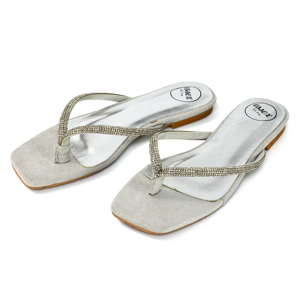 Raina Square Toe Thong Strap Flat Diamante Sandal Slides in Silver Shimmer