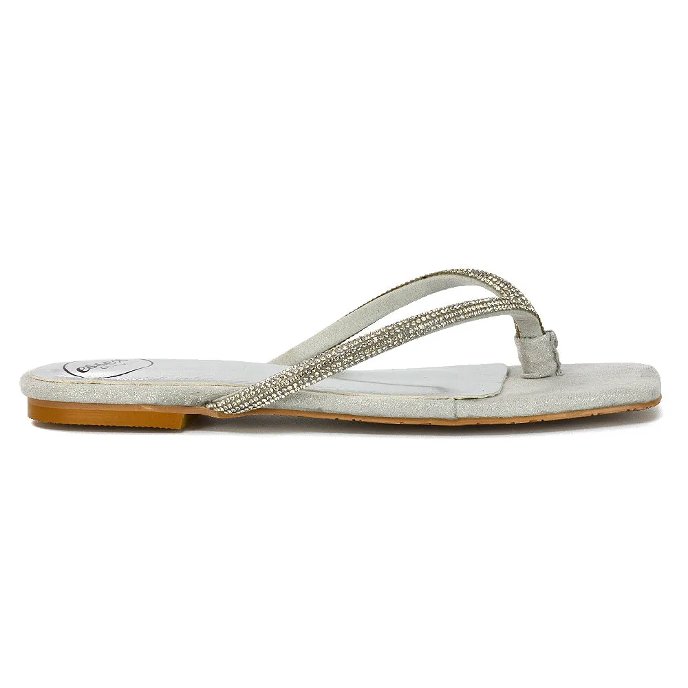 Raina Square Toe Thong Strap Flat Diamante Sandal Slides in Silver Shimmer