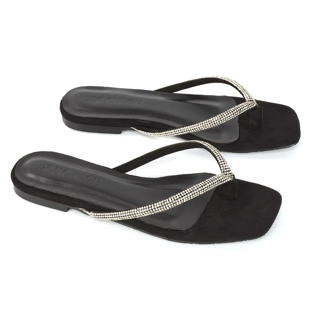 Raina Square Toe Thong Strap Flat Diamante Sandal Slides in Silver Shimmer