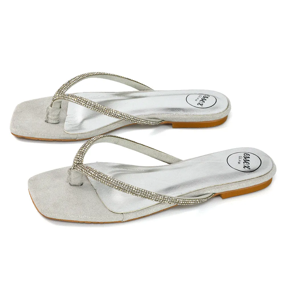 Raina Square Toe Thong Strap Flat Diamante Sandal Slides in Silver Shimmer