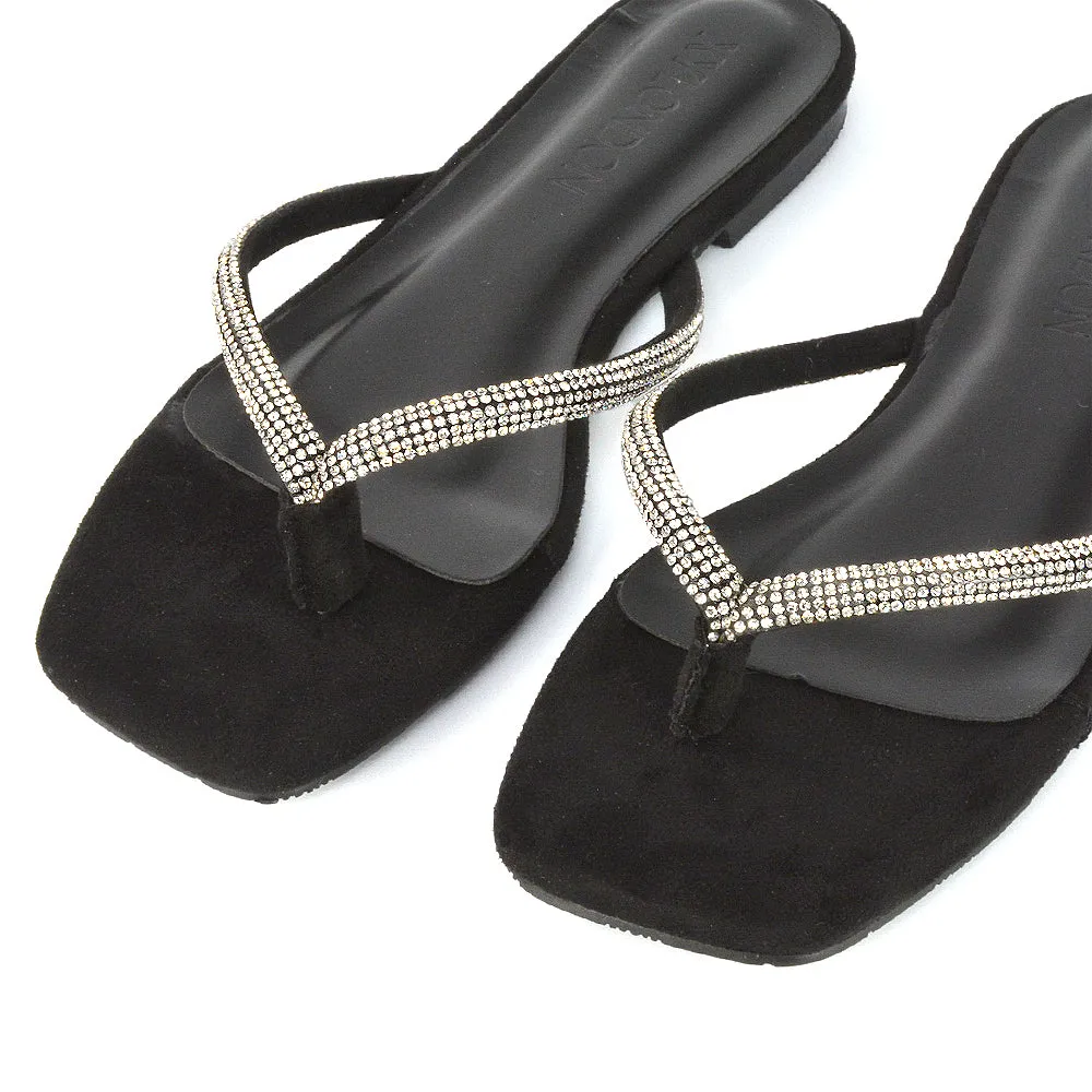 Raina Square Toe Thong Strap Flat Diamante Sandal Slides in Silver Shimmer