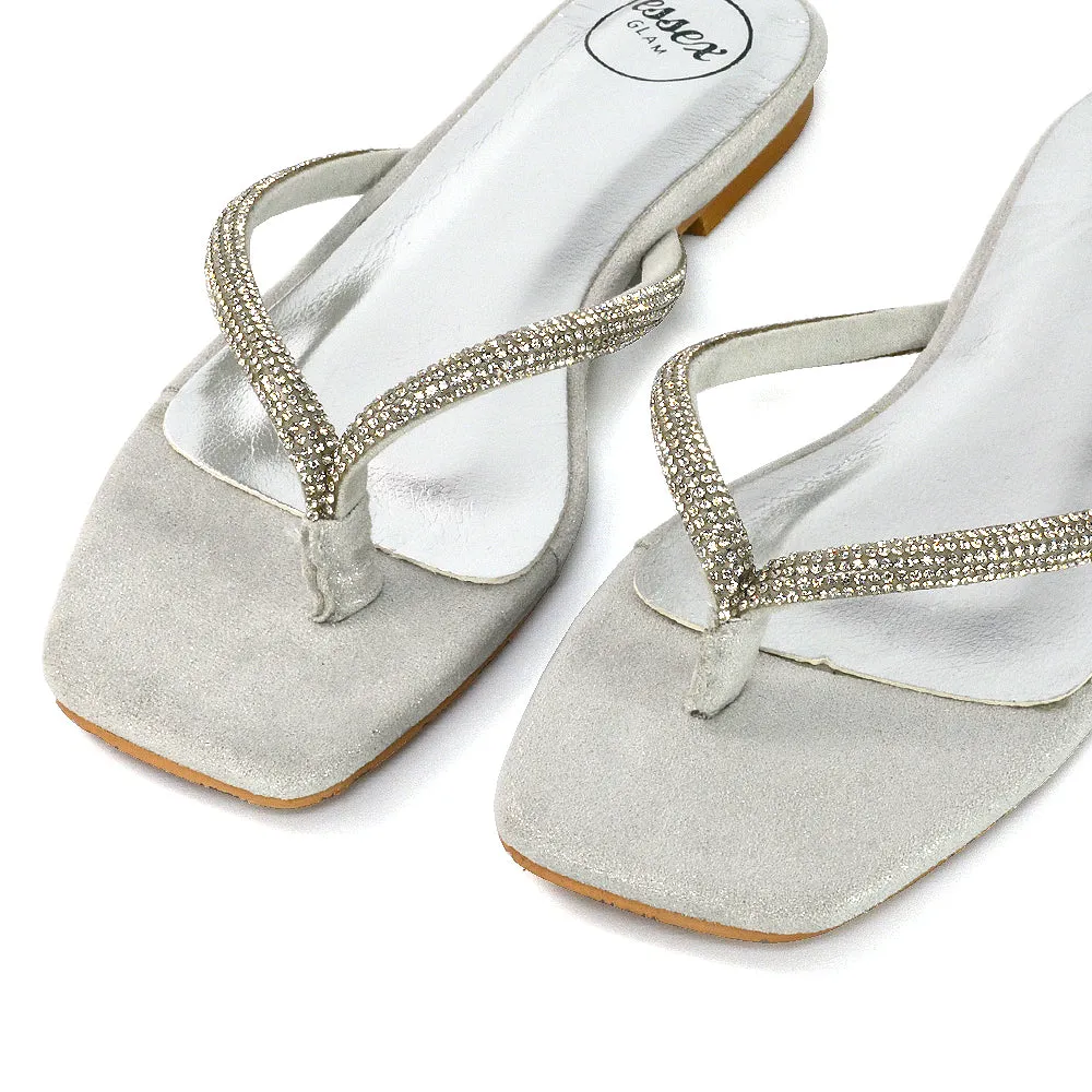 Raina Square Toe Thong Strap Flat Diamante Sandal Slides in Silver Shimmer