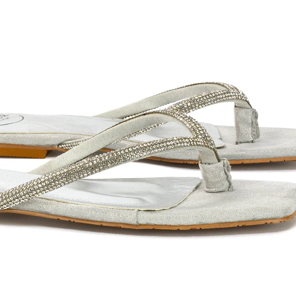 Raina Square Toe Thong Strap Flat Diamante Sandal Slides in Silver Shimmer