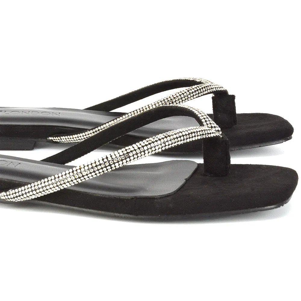 Raina Square Toe Thong Strap Flat Diamante Sandal Slides in Silver Shimmer