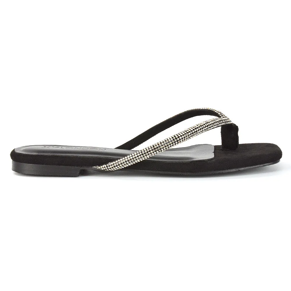 Raina Square Toe Thong Strap Flat Diamante Sandal Slides in Silver Shimmer