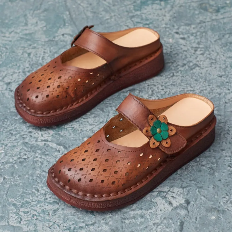 Retro Style Leather Mule Slippers Women Handmade Flats Casual Slip On Shoes in Apricot/Brown